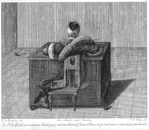 Image of a copper engraving from Karl Gottlieb von Windisch's 1783 book Briefe über den Schachspieler des Hrn. von Kempelen, nebst drei Kupferstichen die diese berühmte Maschine vorstellen.